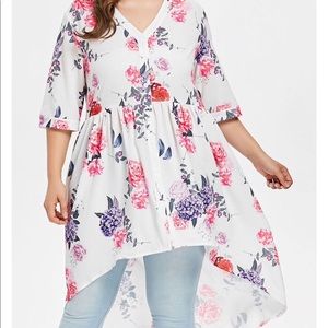 Plus Size Chiffon Print Dip Hem Blouse